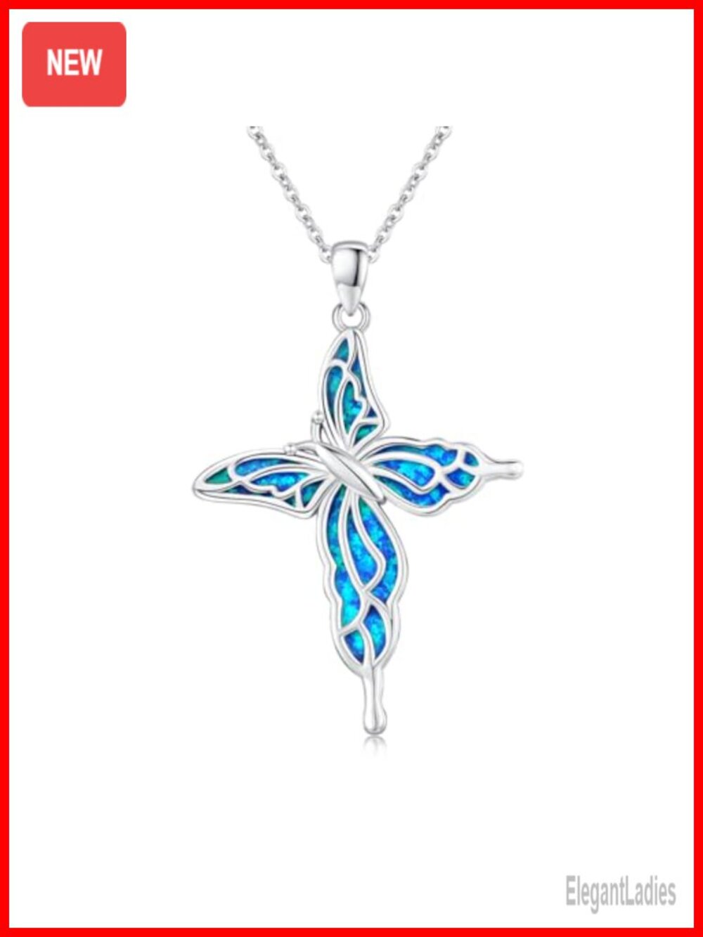 Sterling Silver Opal Butterfly Cross Necklace 18in Adjustable